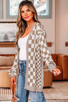 Checker Open Front Drop Shoulder Cardigan - Brown