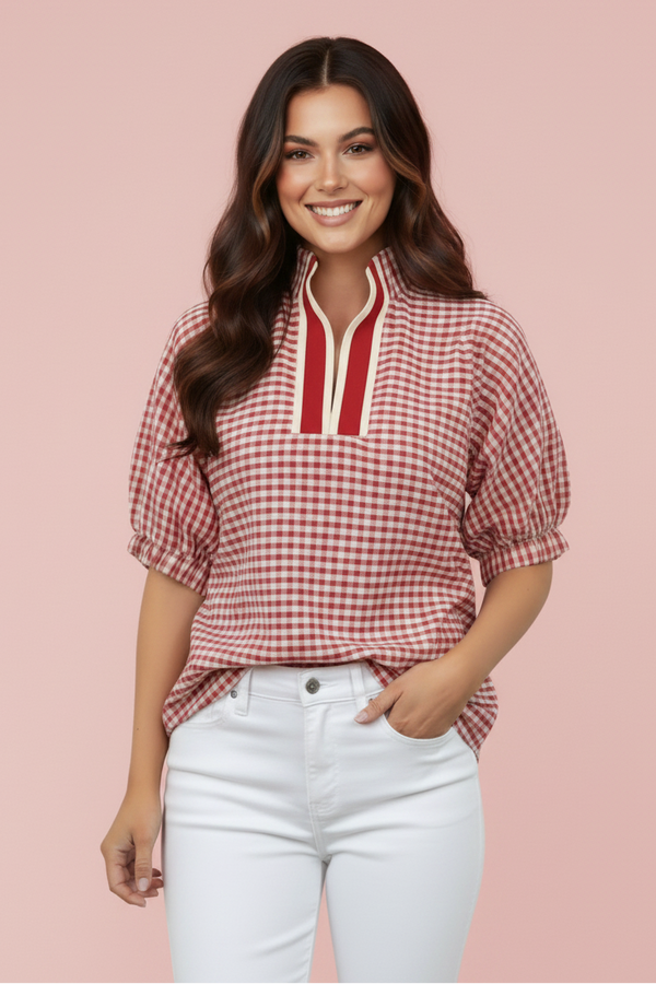 Gingham Plaid Colorblock Trim Short Sleeve Blouse