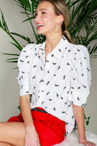 Collared Neck Puff Sleeve Horse Printed Blouse Top Off White Short Sleeve
