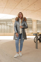 Navy Blue Metallic Longline Down Jacket with Removable Fur Hood