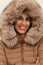 Long quilted down jacket with fur on hood: Beige