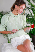 Collared Neck Puff Sleeve Horse Printed Blouse Top Off White Short Sleeve
