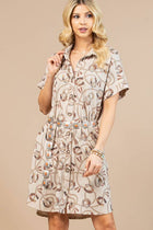 On order- HORSESHOE PRINT BUTTON DOWN KNIT DRESS: Khaki / Contemporary