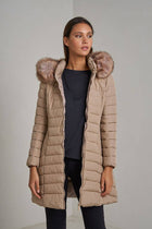 Long quilted down jacket with fur on hood: Beige