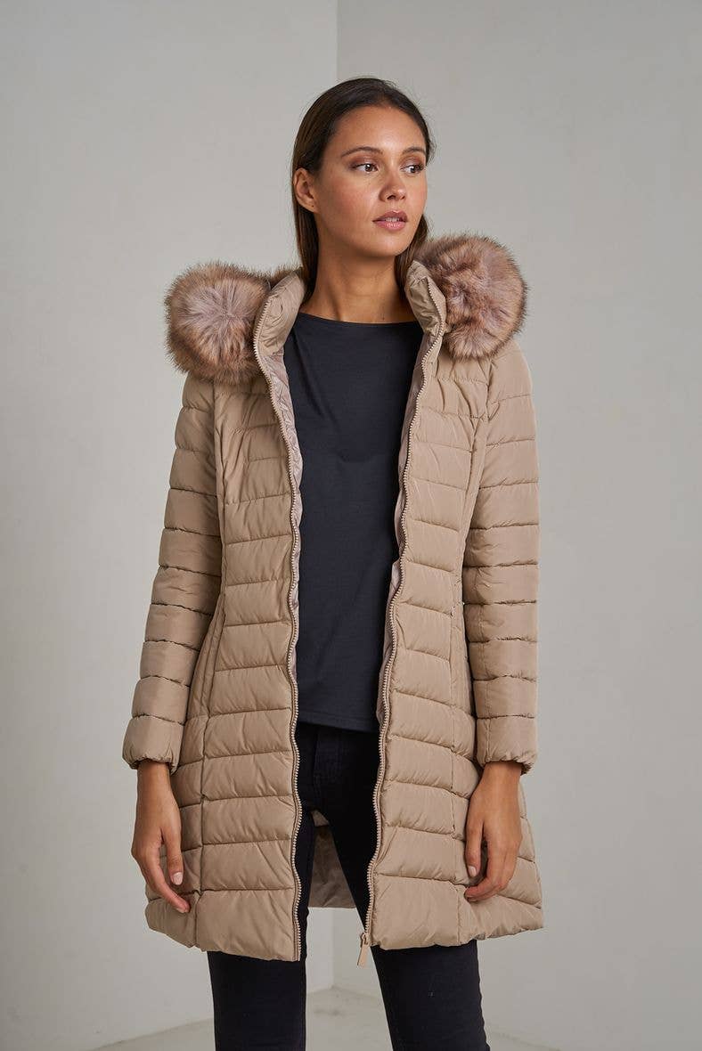 Long quilted down jacket with fur on hood: Beige