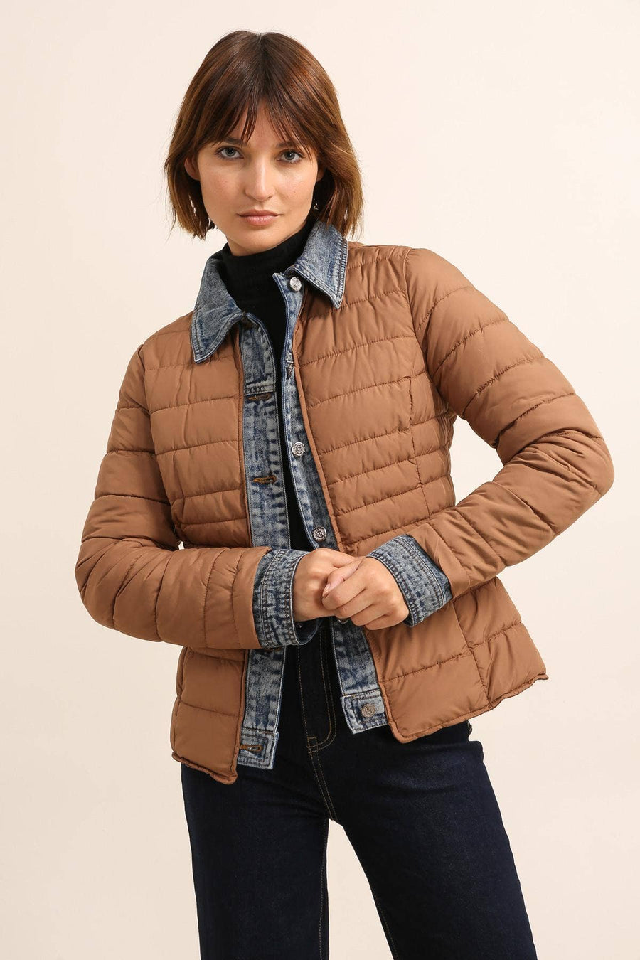 Camel (Tan)Denim Detail Puffer Jacket