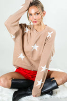 Star Accent Crew Neck Long Sleeve Knitted Sweater - Grey