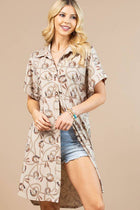 On order- HORSESHOE PRINT BUTTON DOWN KNIT DRESS: Khaki / Contemporary