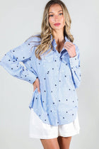 Star Embroidery Stripe 100% Cotton Collared Shirt Top - Blue