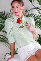 Collared Neck Puff Sleeve Horse Printed Blouse Top Off White Short Sleeve