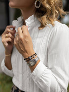 Ruffle Trim Stand Collar White Blouse Long Sleeve Top: White