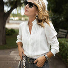 Ruffle Trim Stand Collar White Blouse Long Sleeve Top: White