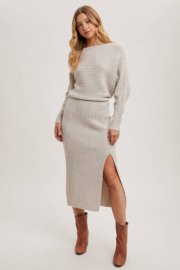 One Shoulder Off Side Slit Midi Knit Sweater Dress - Oatmeal