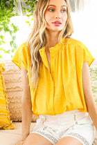 Henley Neckline Button Down Short Sleeve Top-White