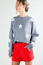 Star Accent Crew Neck Long Sleeve Knitted Sweater - Grey