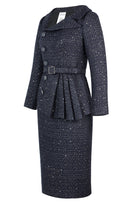 Sequined Tweed Blazer Dress Suit in Navy