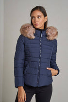 Plain down jacket with faux fur hood: