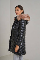 Navy Blue Metallic Longline Down Jacket with Removable Fur Hood