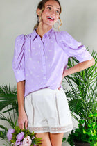 Collared Neck Puff Sleeve Horse Printed Blouse Top Off White Short Sleeve