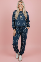 Horseshoe Sweatshirt & Elastic Waist Pants Set - Blue