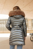 Navy Blue Metallic Longline Down Jacket with Removable Fur Hood