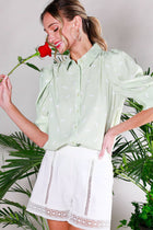 Collared Neck Puff Sleeve Horse Printed Blouse Top Off White Short Sleeve