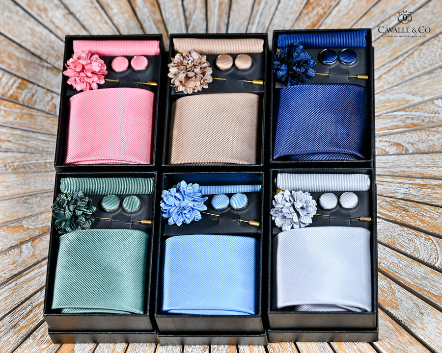 Plain Tie Set- Includes Tie Matching pocket square, cuff links & lapel pin
