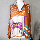 Luxe Hermes Style Horse Print Silk Viscose Blend Open Neck Shirt