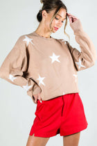 Star Accent Crew Neck Long Sleeve Knitted Sweater - Grey