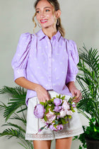 Collared Neck Puff Sleeve Horse Printed Blouse Top Off White Short Sleeve