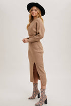 One Shoulder Off Side Slit Midi Knit Sweater Dress - Oatmeal