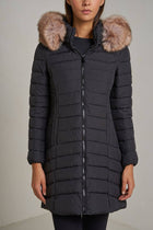 Long quilted down jacket with fur on hood: Beige