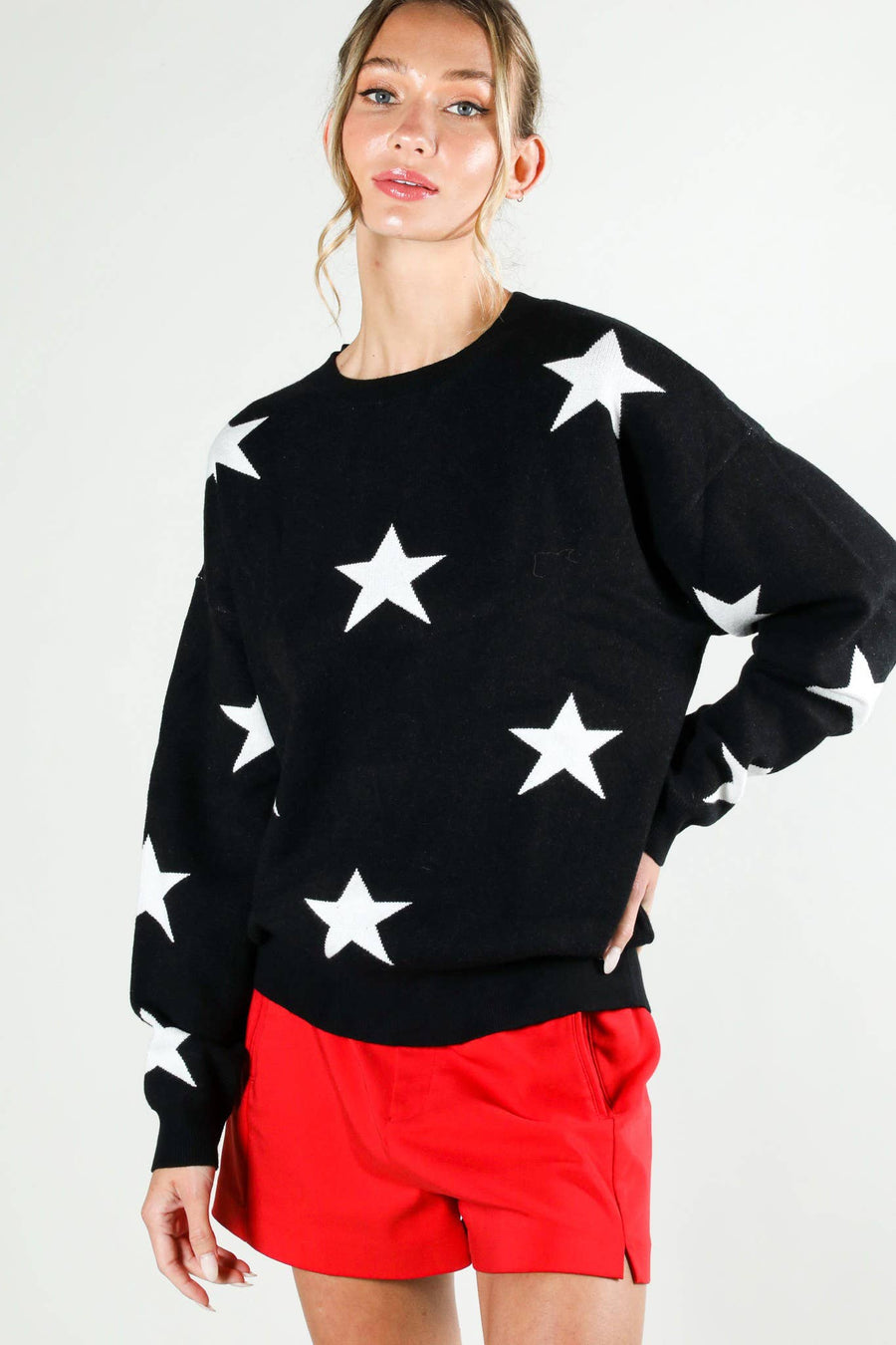 On Order -Star Accent Crew Neck Long Sleeve Knitted Sweater