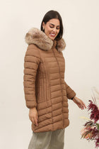 Long quilted down jacket with fur on hood: Beige
