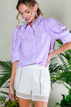 Collared Neck Puff Sleeve Horse Printed Blouse Top Off White Short Sleeve