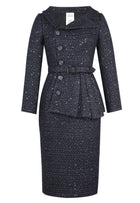 Sequined Tweed Blazer Dress Suit in Navy