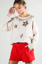 Star Tinsel Sequin Embroidery Crew-Neck Sweater - Taupe