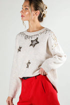 Star Tinsel Sequin Embroidery Crew-Neck Sweater - Taupe