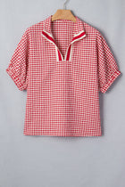 Gingham Plaid Colorblock Trim Short Sleeve Blouse - Green