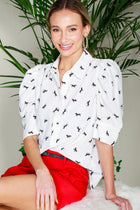 Collared Neck Puff Sleeve Horse Printed Blouse Top Off White Short Sleeve