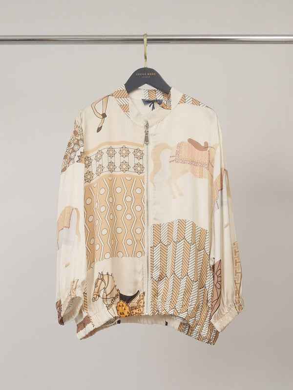 Equestrian bomber jackets-Satin zip-up x 3 Colors 3/4 sleeve