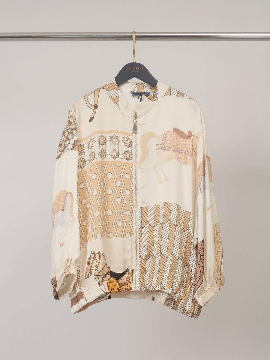Equestrian bomber jackets-Satin zip-up x 3 Colors 3/4 sleeve