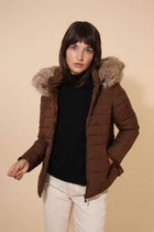Plain down jacket with faux fur hood:
