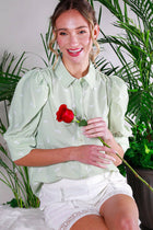 Collared Neck Puff Sleeve Horse Printed Blouse Top Off White Short Sleeve