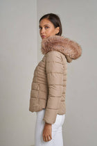 Plain down jacket with faux fur hood: