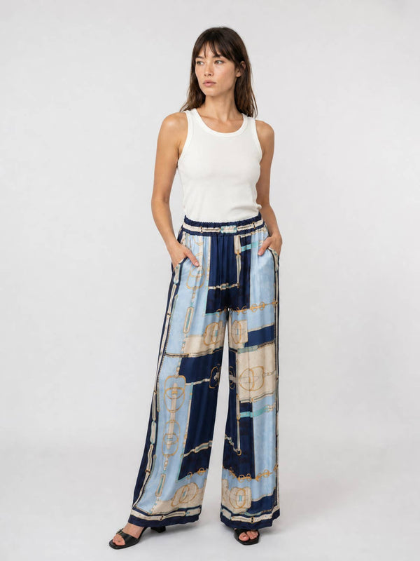 Flowing satin trousers -Equestrian bits pattern