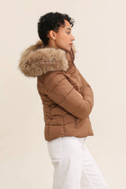 Plain down jacket with faux fur hood: