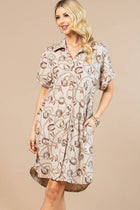 On order- HORSESHOE PRINT BUTTON DOWN KNIT DRESS: Khaki / Contemporary
