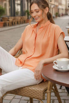 Henley Neckline Button Down Short Sleeve Top Blue