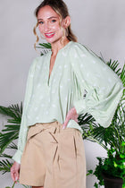 Horse Print V Neck Long Balloon Sleeve Blouse Top Sage